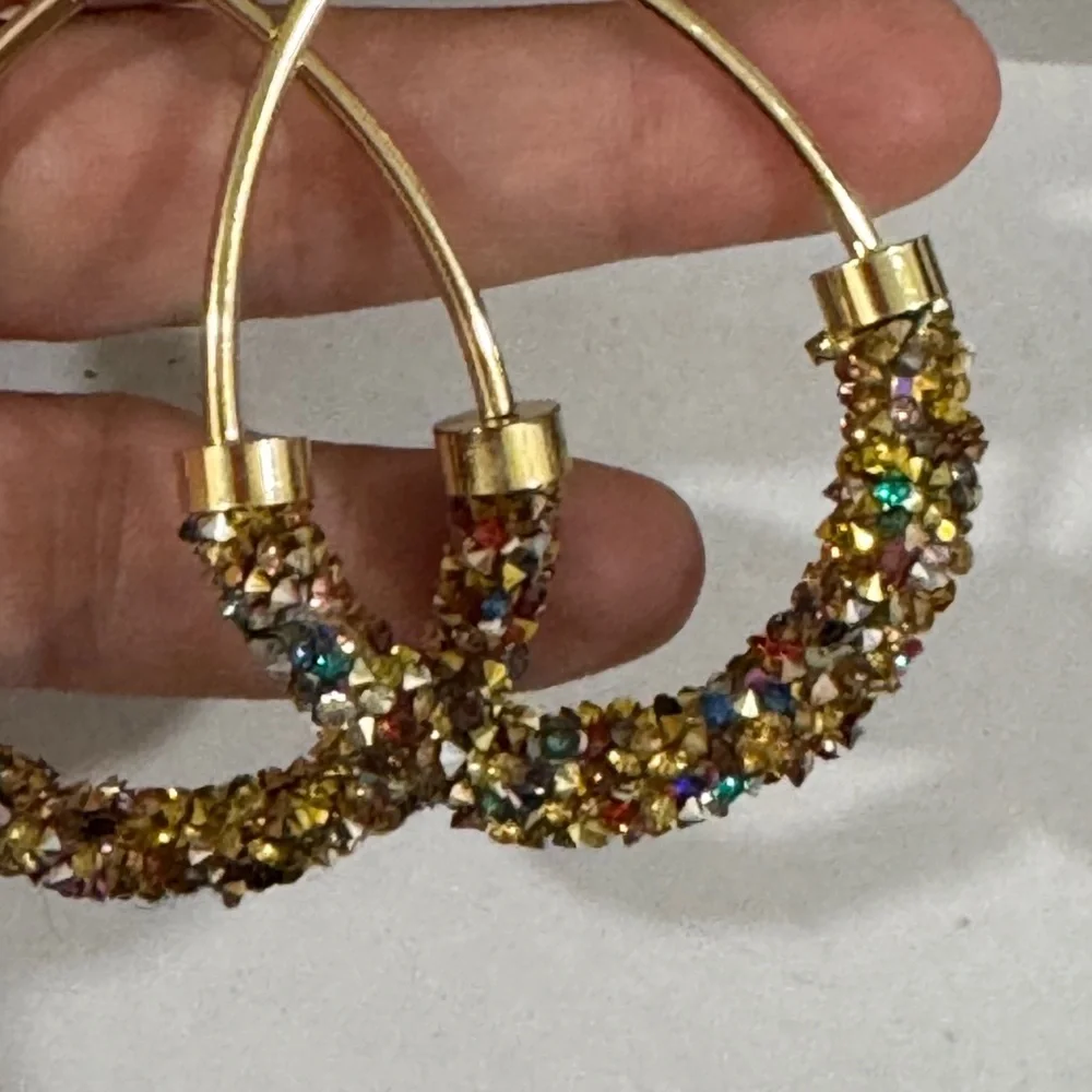 Pink Panache Gold & Crystal Drop Hoop Earrings – Sparkly Statement - Picture 3 of 4